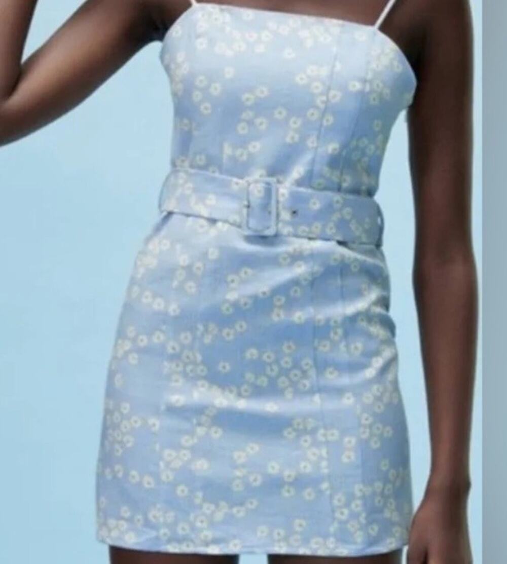 ZARA Blue Floral Belted Mini Dress | Spaghetti Strap | New With Tags